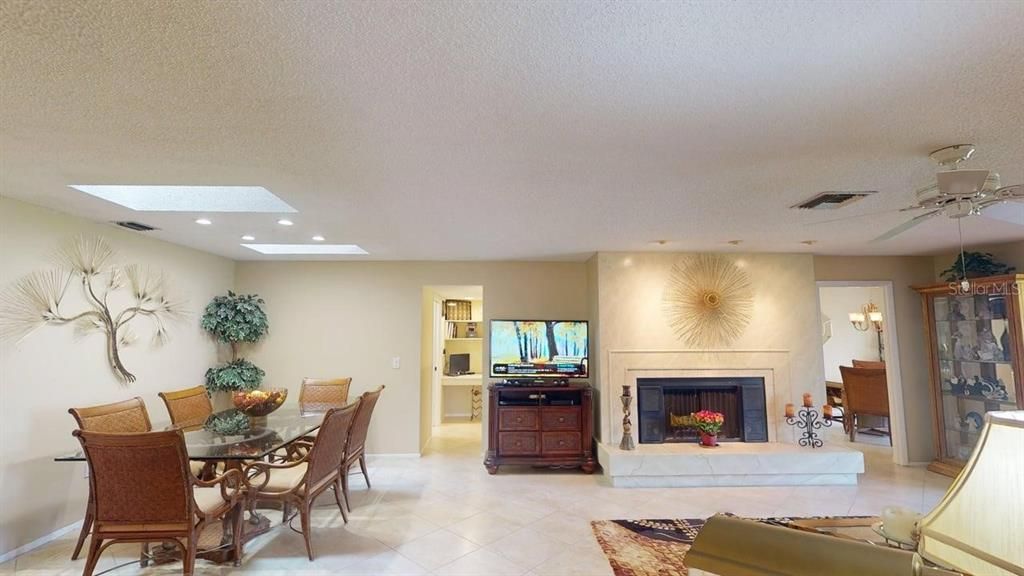 Dining room, Fireplace, Interior, Living room, Recessed Lighting