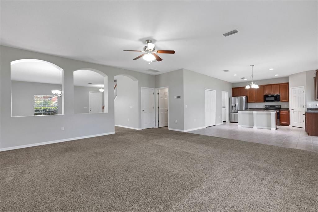 Empty room, Interior, Kitchen, Pendant Lights, Recessed Lighting, Stainless Steel Appliances
