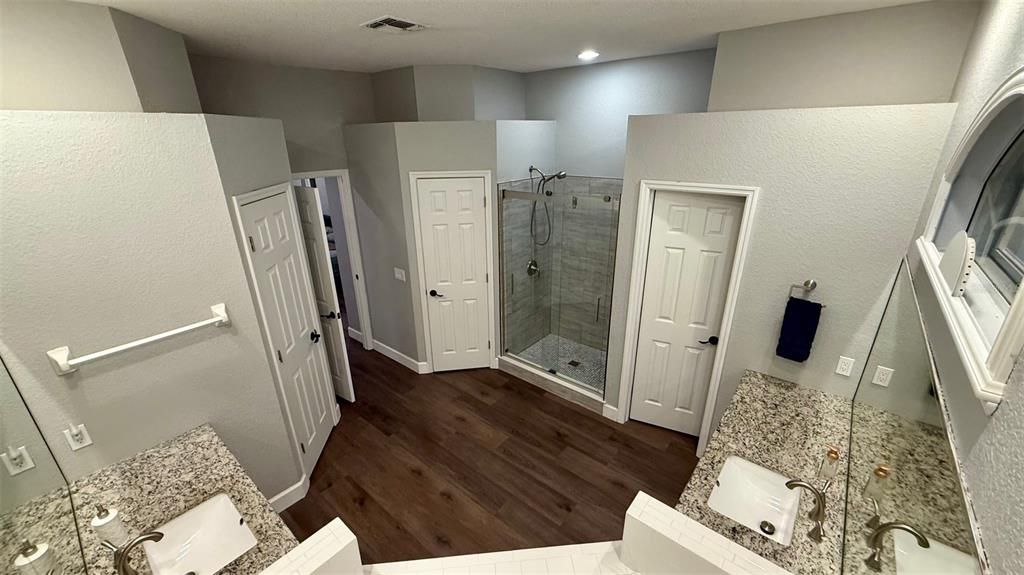 Bathroom, Glass Shower, Interior, Recessed Lighting, Wood Texture Flooring