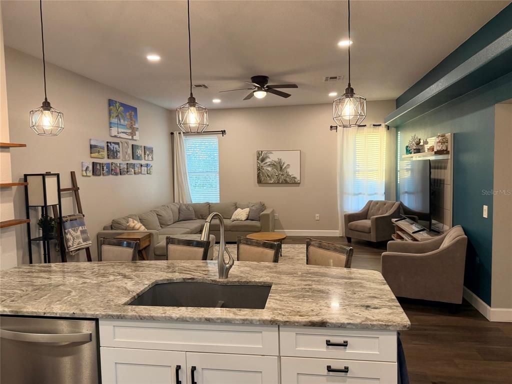 Interior, Kitchen, Living room, Pendant Lights, Recessed Lighting, Wood Texture Flooring