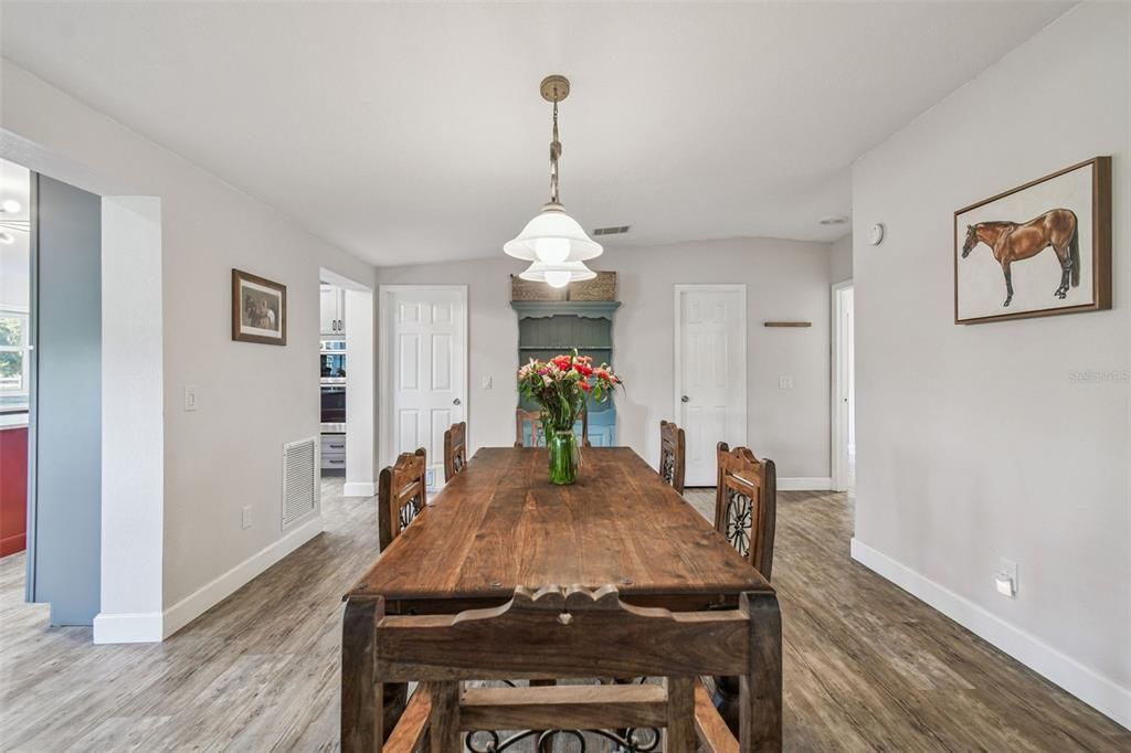 Dining room, Interior, Pendant Lights, Wood Texture Flooring