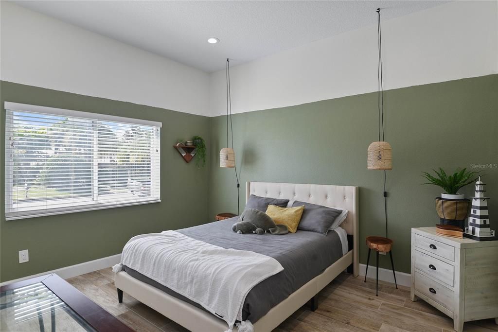 Bedroom, Interior, Pendant Lights, Recessed Lighting, Wood Texture Flooring