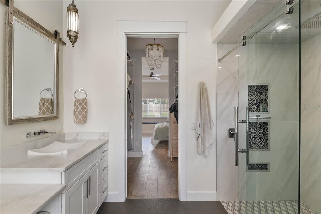 Bathroom, Glass Shower, Interior, Marble Walls, Wood Texture Flooring