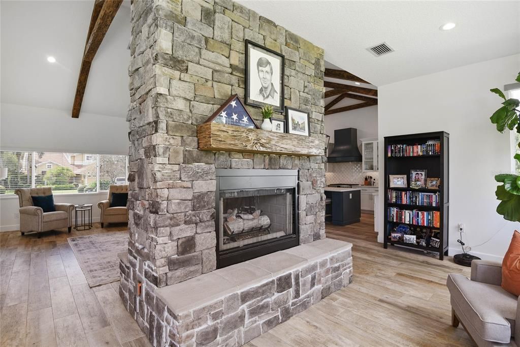 Fireplace, Interior, Recessed Lighting, Stone Walls, Wooden Beams, Wood Texture Flooring