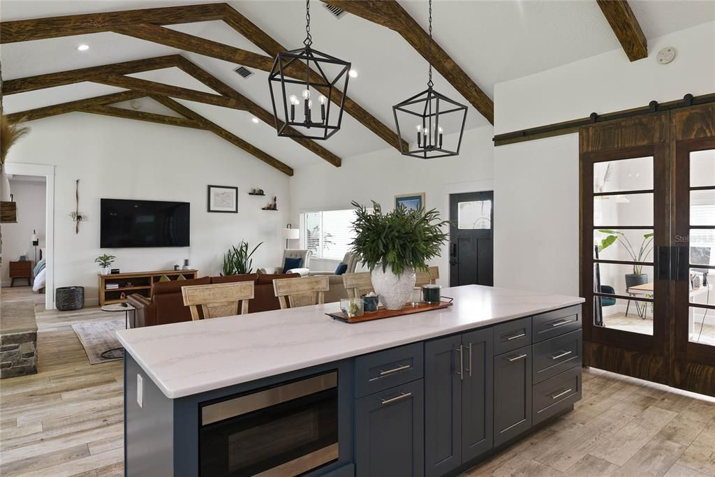 Interior, Kitchen, Pendant Lights, Recessed Lighting, Wooden Beams, Wood Texture Flooring