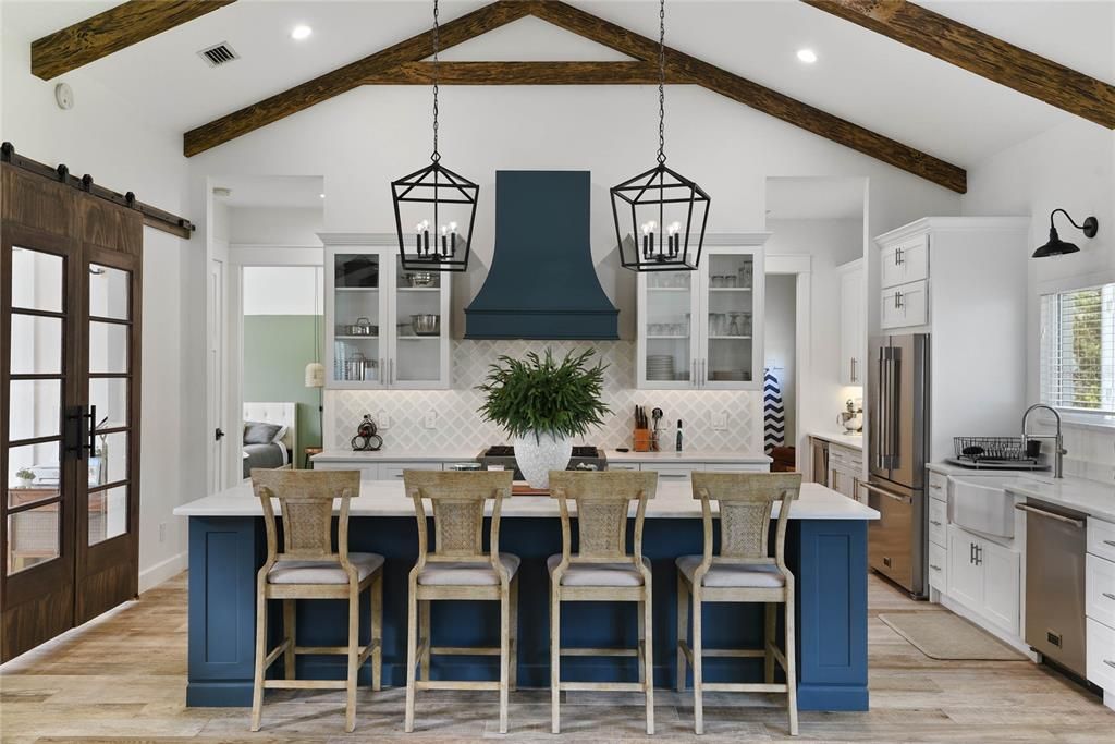 Interior, Kitchen, Pendant Lights, Recessed Lighting, Stainless Steel Appliances, Wooden Beams, Wood Texture Flooring