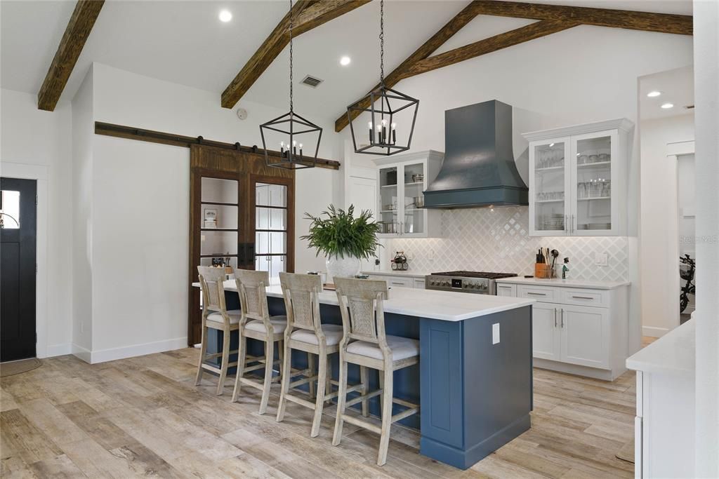 Interior, Kitchen, Pendant Lights, Recessed Lighting, Stainless Steel Appliances, Wooden Beams, Wood Texture Flooring