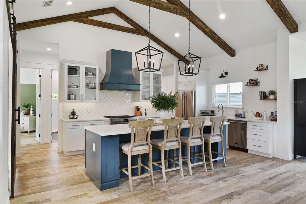 Interior, Kitchen, Pendant Lights, Recessed Lighting, Stainless Steel Appliances, Wooden Beams, Wood Texture Flooring