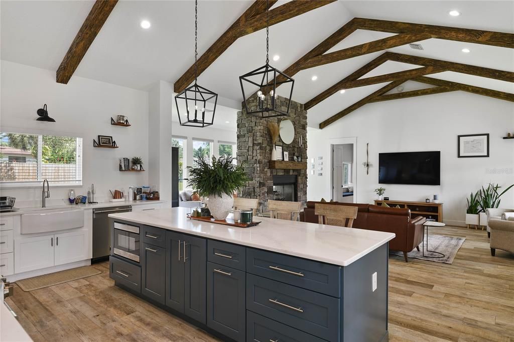 Fireplace, Interior, Kitchen, Pendant Lights, Recessed Lighting, Wooden Beams, Wood Texture Flooring