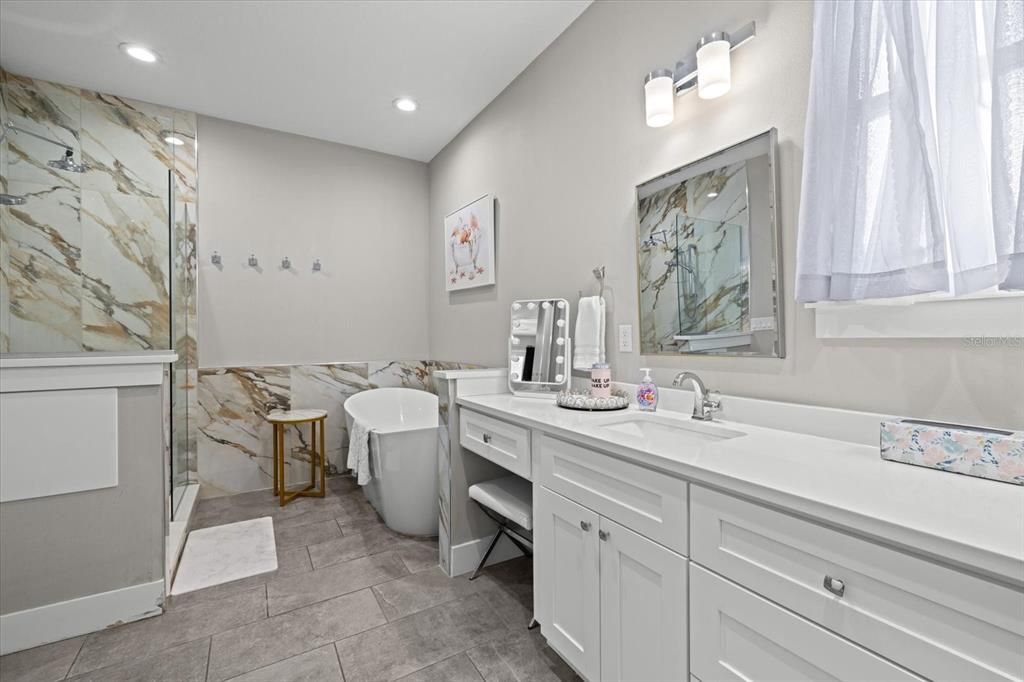 Bathroom, Dual Sink Vanities, Interior, Marble Walls, Recessed Lighting