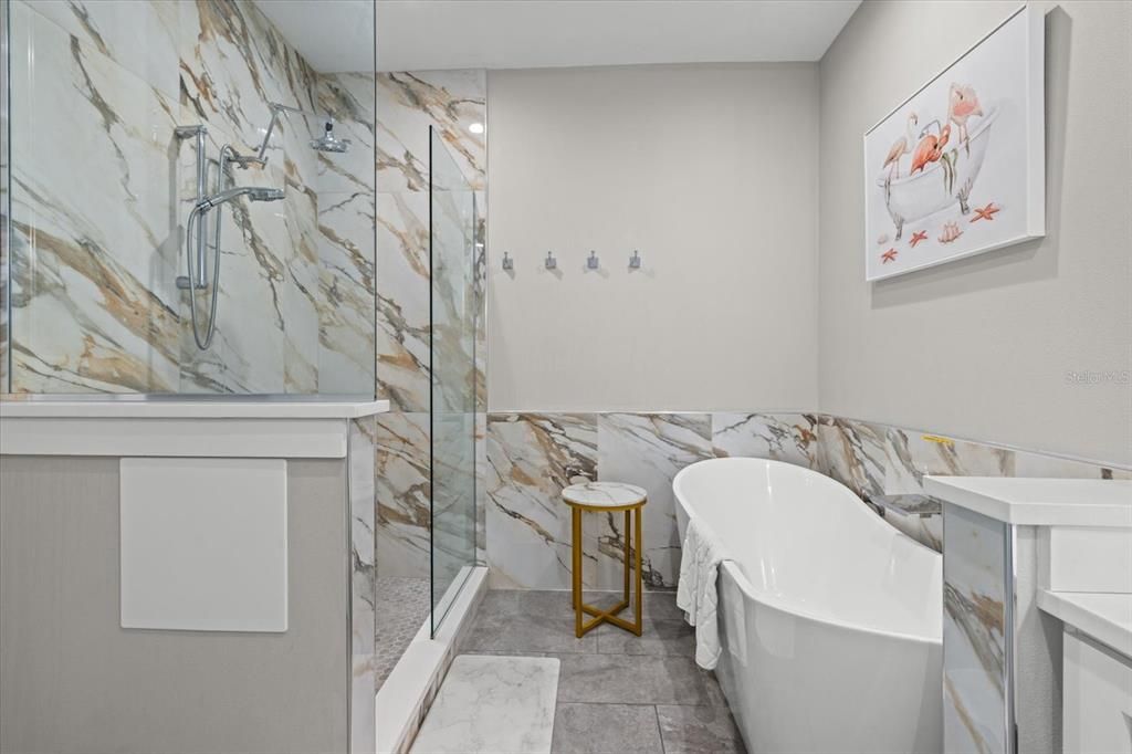 Bathroom, Free Standing Baths, Glass Shower, Interior, Marble, Marble Walls
