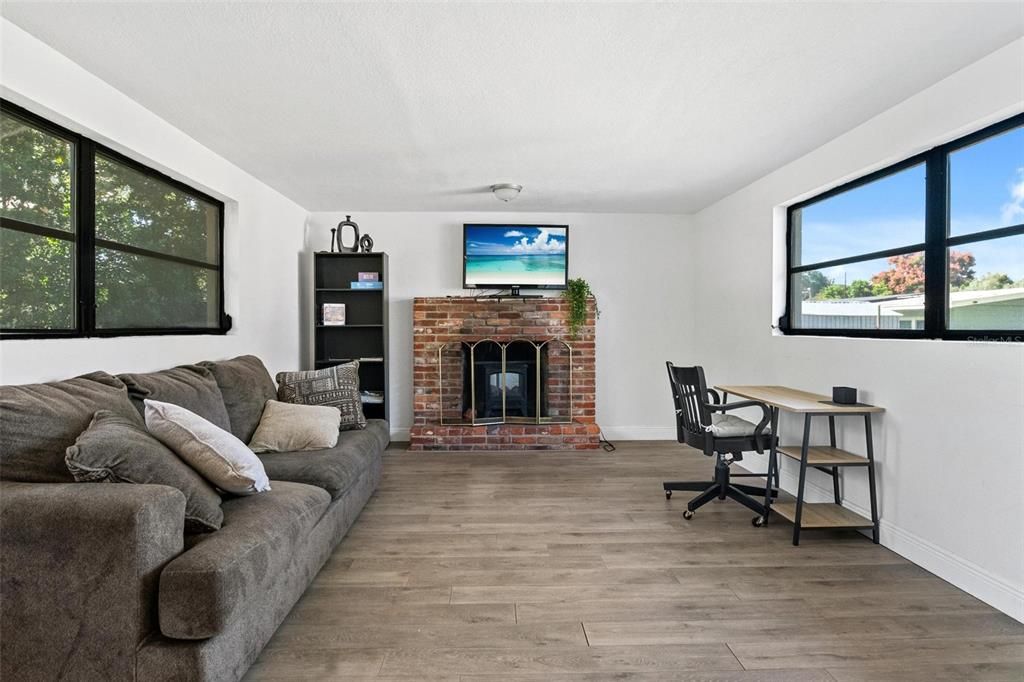 Fireplace, Home Office, Interior, Living room, Wood Texture Flooring