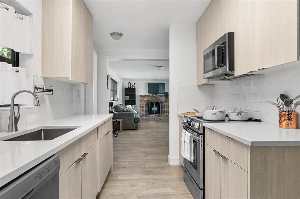 Fireplace, Interior, Kitchen, Living room, Wood Texture Flooring