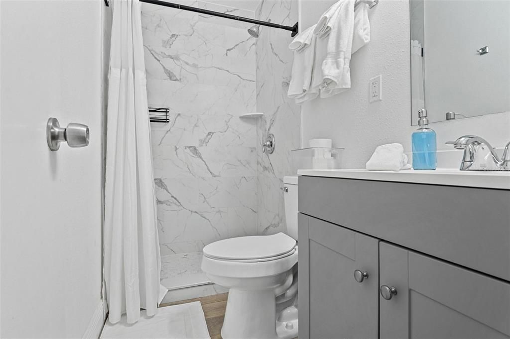 Bathroom, Interior, Marble Walls, Wood Texture Flooring