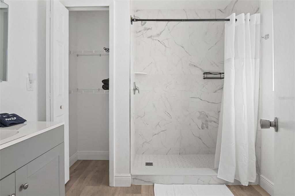 Bathroom, Interior, Marble Walls, Wood Texture Flooring