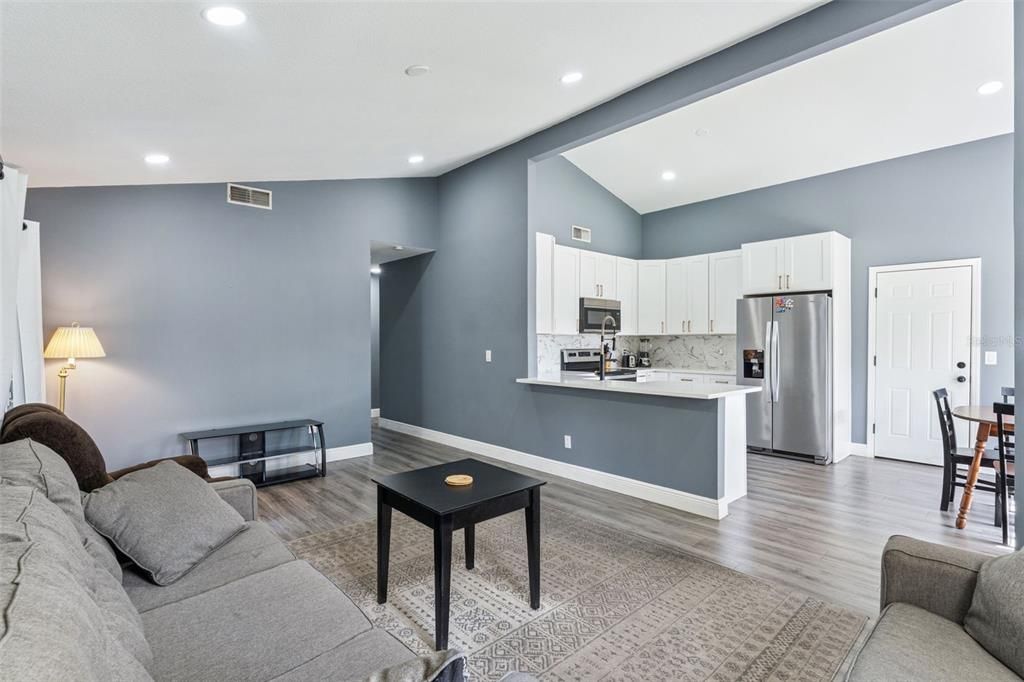 Interior, Kitchen, Living room, Recessed Lighting, Stainless Steel Appliances, Wood Texture Flooring