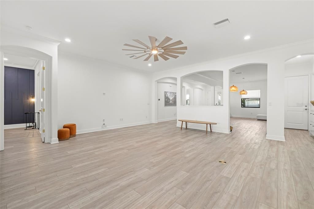 Empty room, Interior, Pendant Lights, Recessed Lighting, Wood Texture Flooring