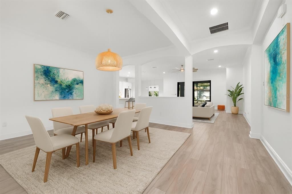 Dining room, Interior, Pendant Lights, Recessed Lighting, Wood Texture Flooring