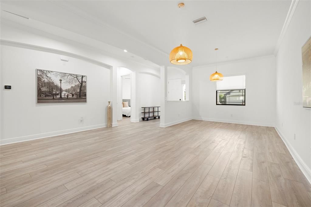 Empty room, Interior, Pendant Lights, Recessed Lighting, Wood Texture Flooring
