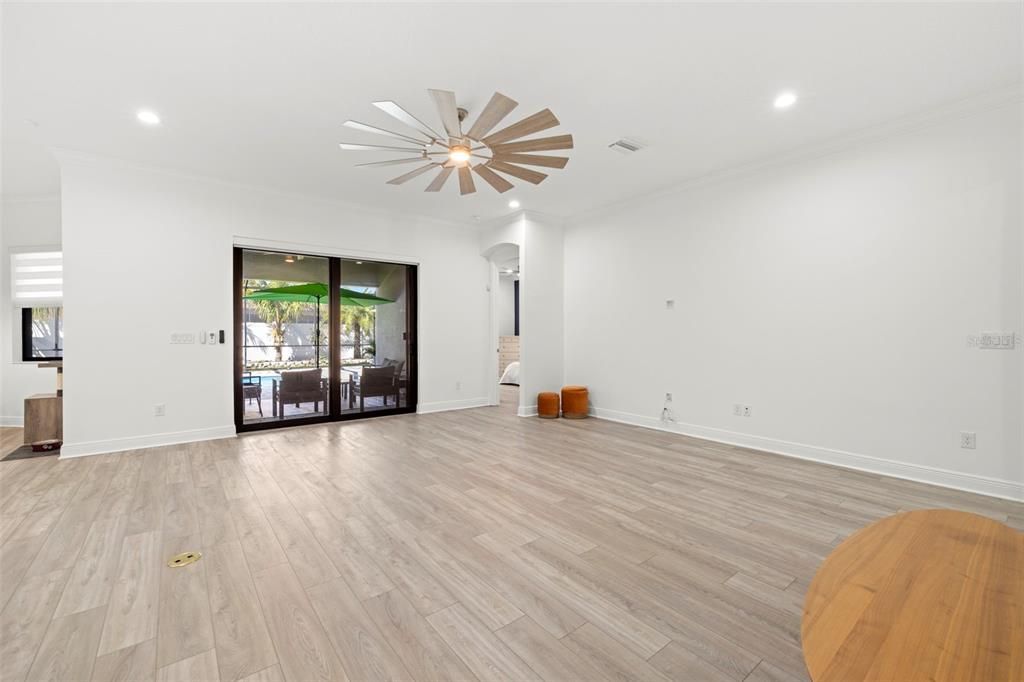 Empty room, Interior, Pendant Lights, Recessed Lighting, Wood Texture Flooring