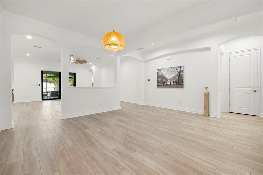 Empty room, Interior, Pendant Lights, Recessed Lighting, Wood Texture Flooring