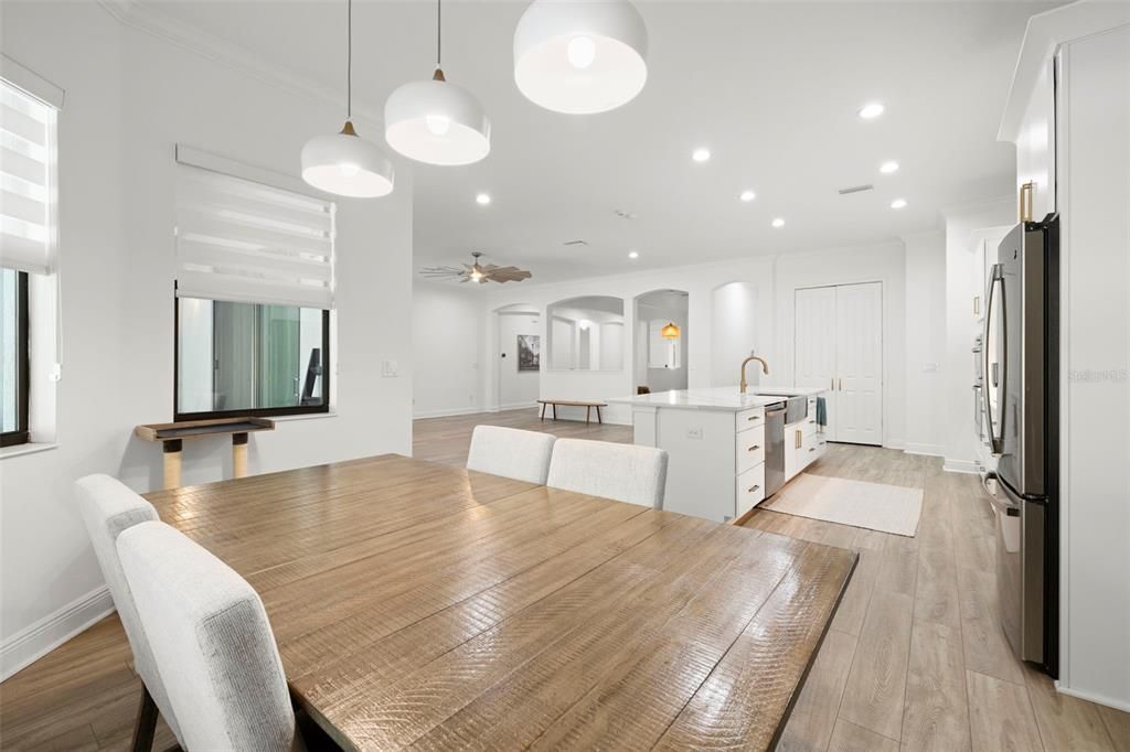 Dining room, Interior, Kitchen, Pendant Lights, Recessed Lighting, Wood Texture Flooring