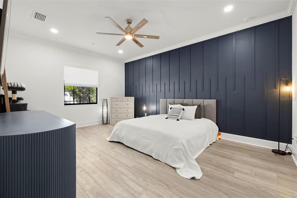 Bedroom, Interior, Recessed Lighting, Wood Texture Flooring