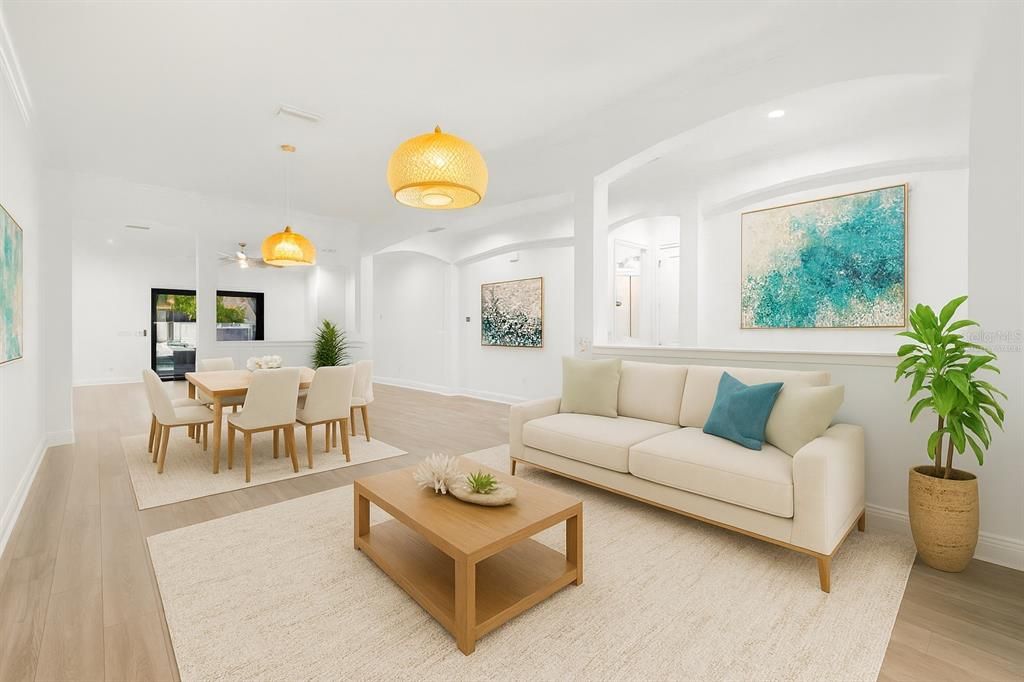 Dining room, Interior, Living room, Pendant Lights, Recessed Lighting, Wood Texture Flooring