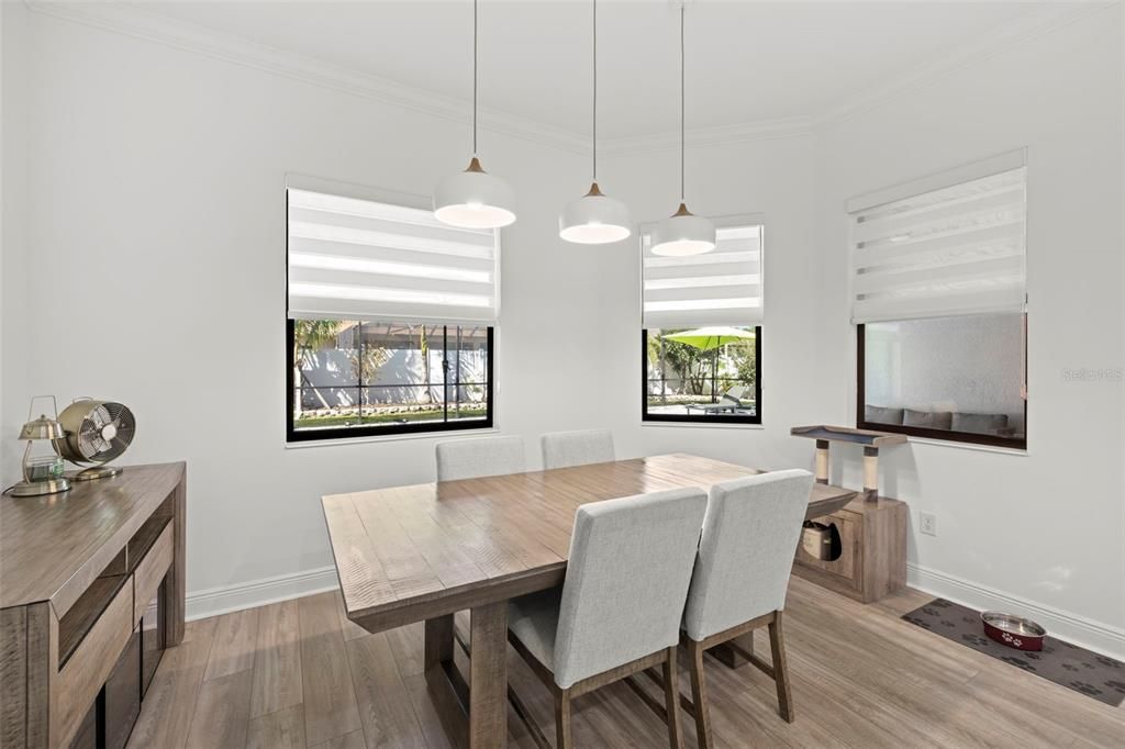 Dining room, Interior, Pendant Lights, Wood Texture Flooring