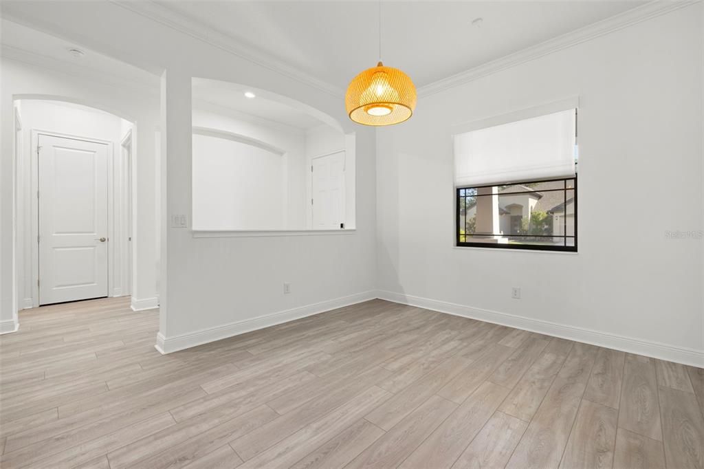 Empty room, Interior, Pendant Lights, Recessed Lighting, Wood Texture Flooring