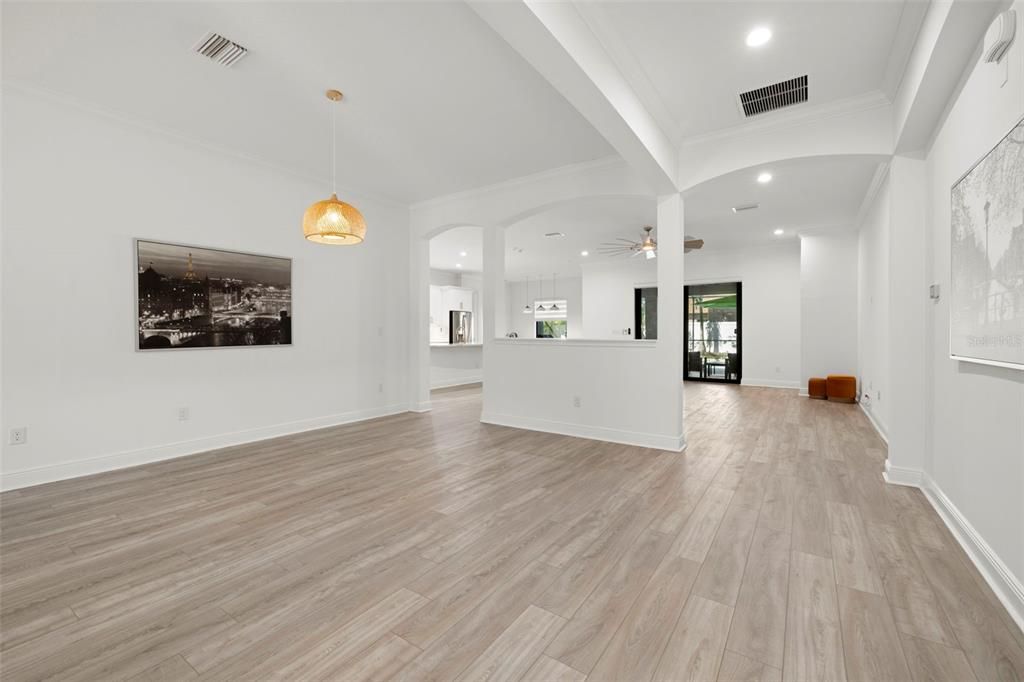 Empty room, Interior, Kitchen, Pendant Lights, Recessed Lighting, Wood Texture Flooring