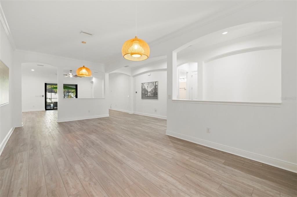 Empty room, Interior, Pendant Lights, Recessed Lighting, Wood Texture Flooring