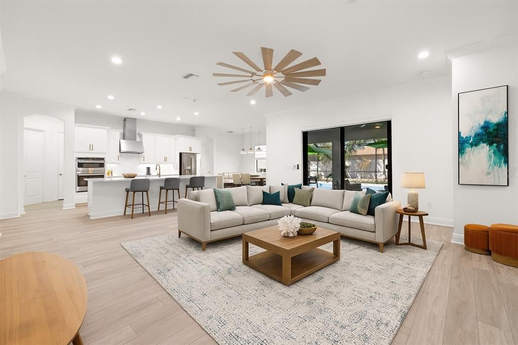 Interior, Kitchen, Living room, Pendant Lights, Recessed Lighting, Stainless Steel Appliances, Wood Texture Flooring