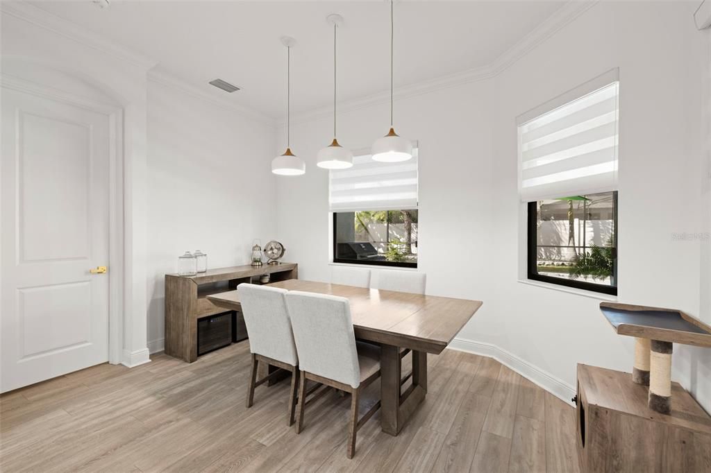 Dining room, Interior, Pendant Lights, Wood Texture Flooring