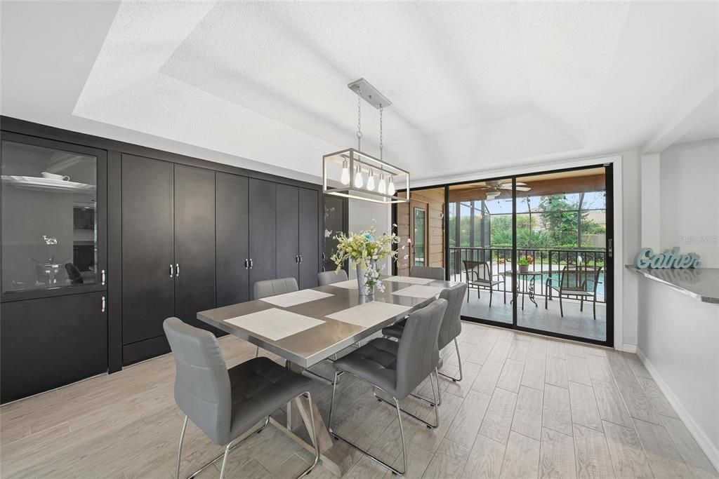 Dining room, Interior, Pendant Lights, Wood Texture Flooring