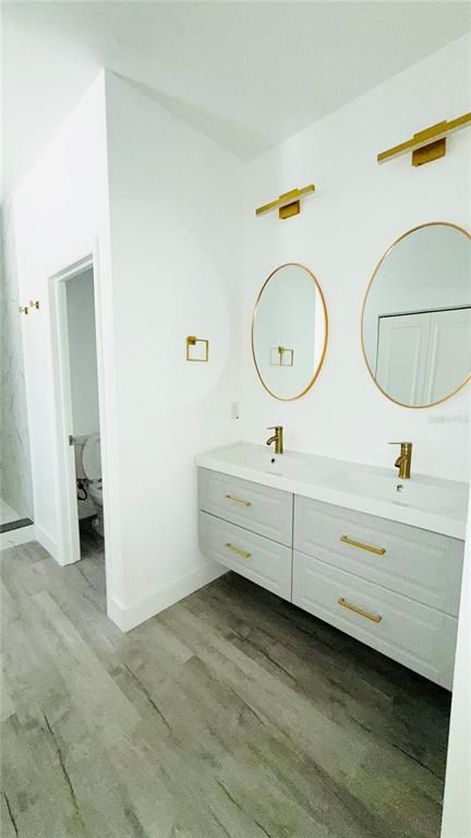 Bathroom, Dual Sink Vanities, Interior, Wood Texture Flooring