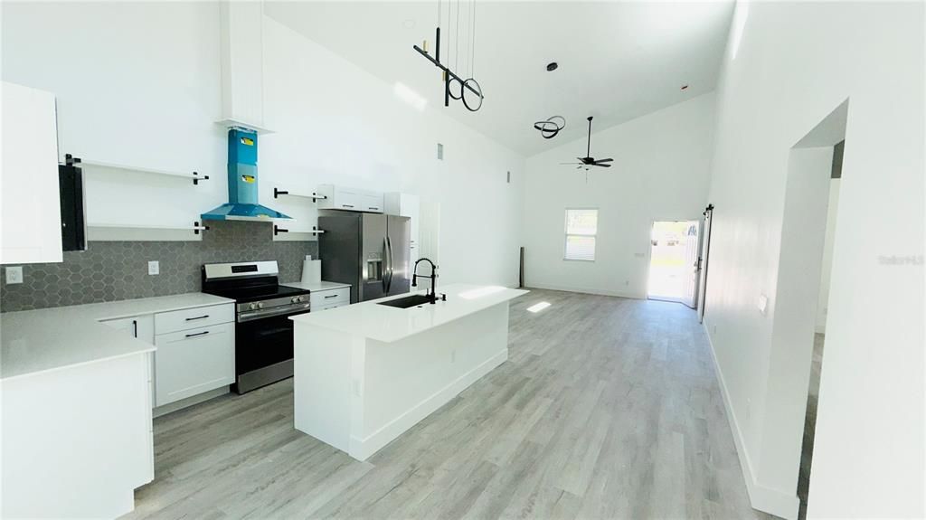 Interior, Kitchen, Pendant Lights, Stainless Steel Appliances, Wood Texture Flooring