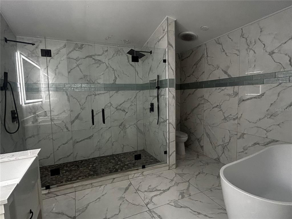 Bathroom, Free Standing Baths, Glass Shower, Interior, Marble, Marble Walls