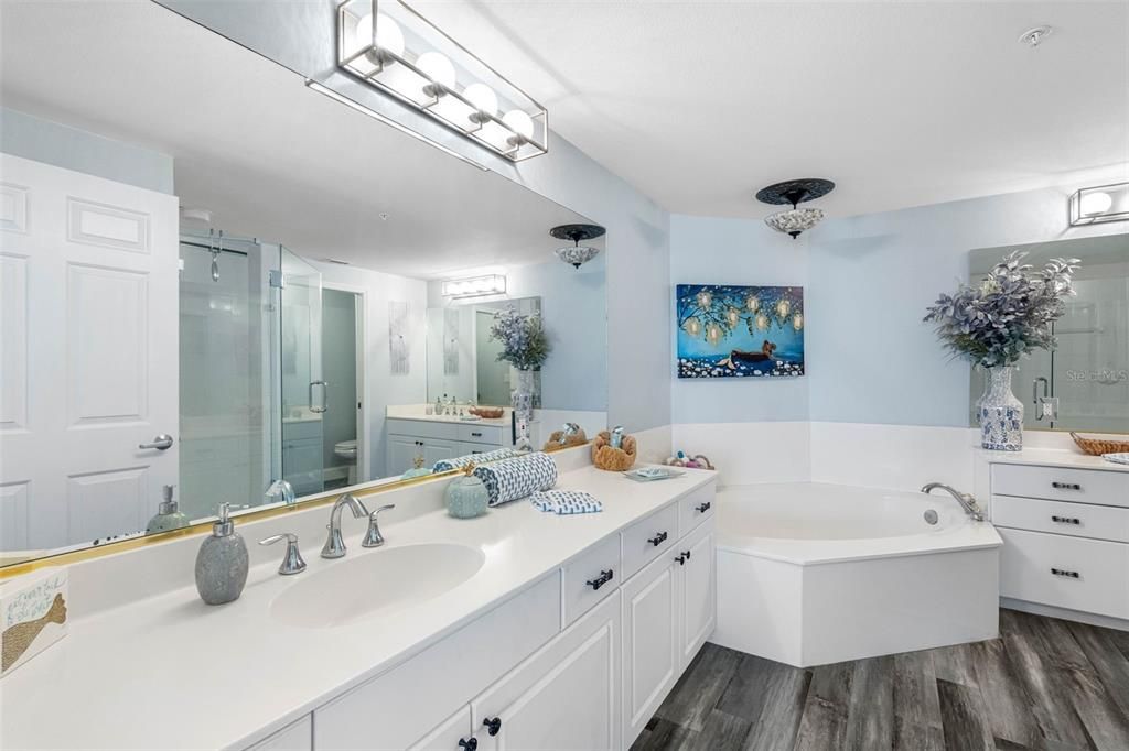 Bathroom, Dual Sink Vanities, Glass Shower, Interior, Wood Texture Flooring