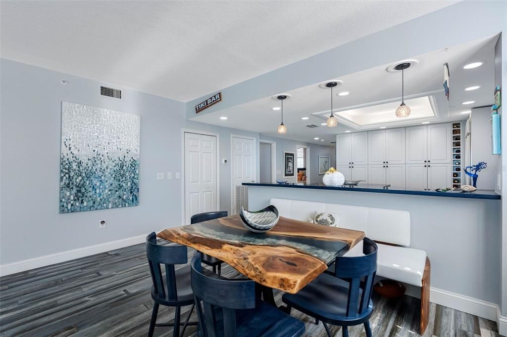 Dining room, Game Room, Interior, Pendant Lights, Recessed Lighting, Wood Texture Flooring