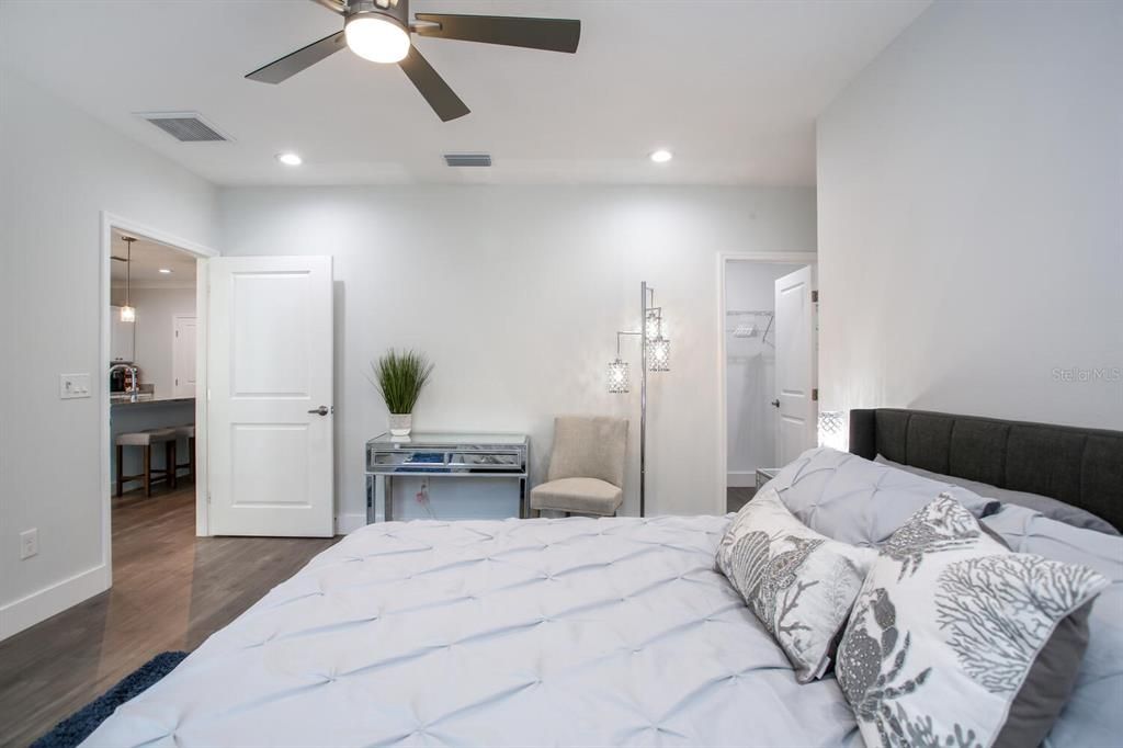 Bedroom, Interior, Recessed Lighting, Wood Texture Flooring