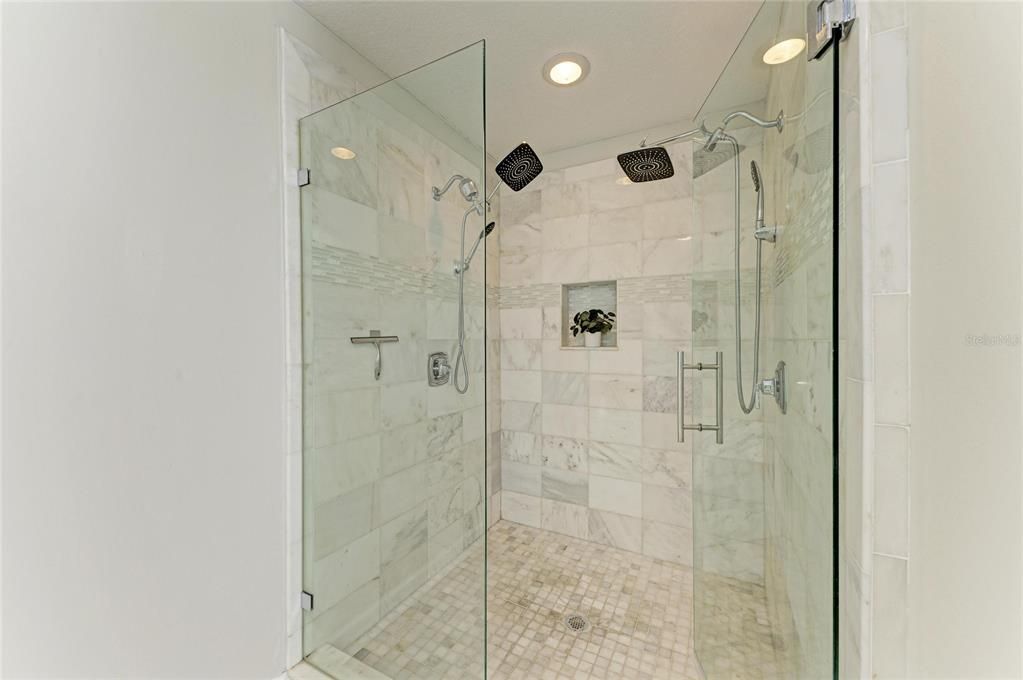 Bathroom, Glass Shower, Interior, Marble Walls, Recessed Lighting