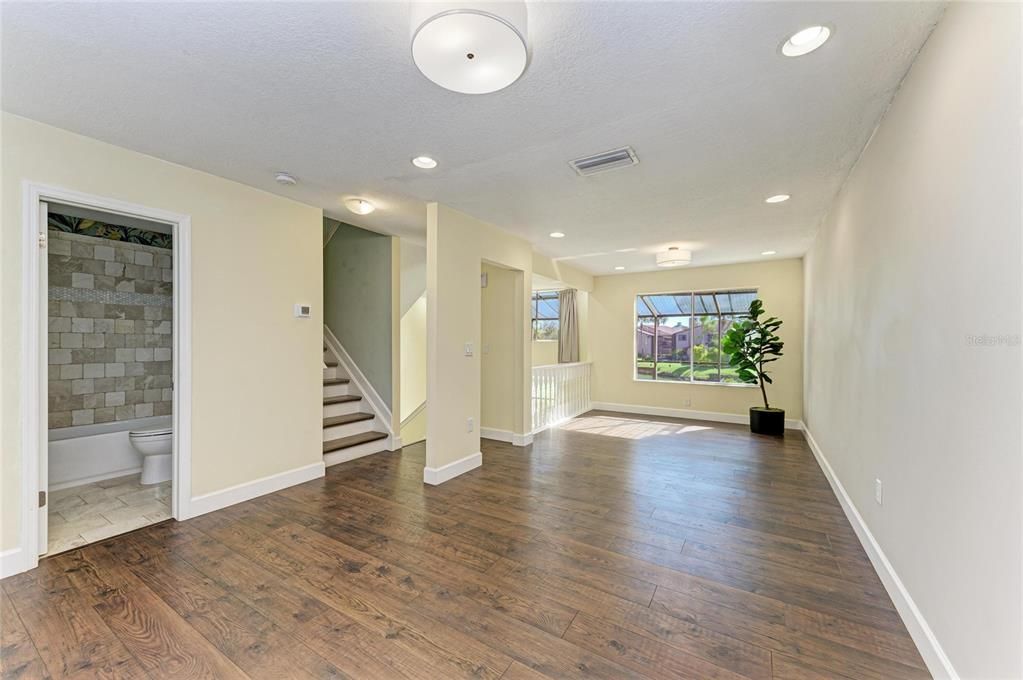 Bathroom, Empty room, Interior, Recessed Lighting, Wood Texture Flooring