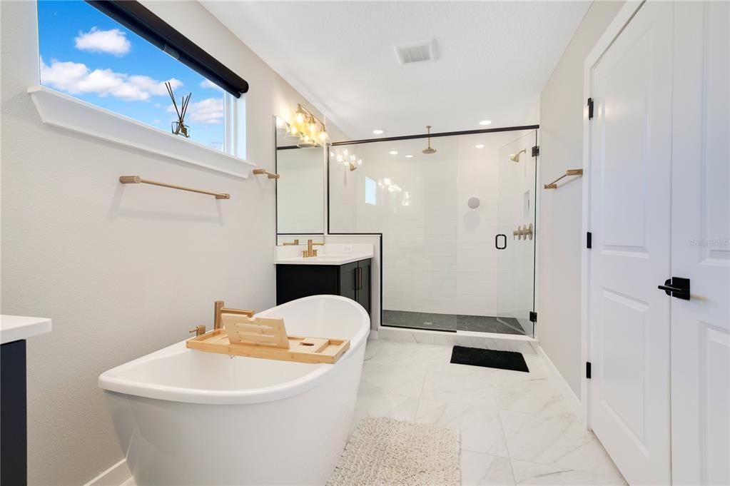 Bathroom, Free Standing Baths, Glass Shower, Interior, Marble, Recessed Lighting