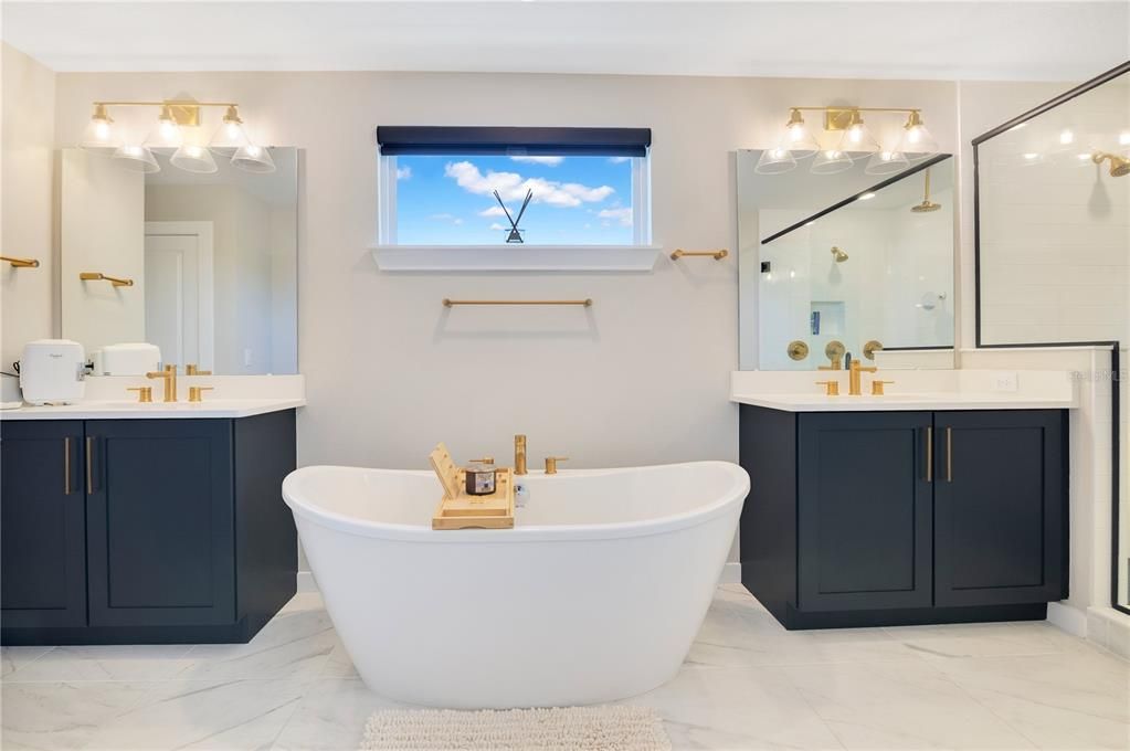 Bathroom, Dual Sink Vanities, Free Standing Baths, Glass Shower, Interior, Marble
