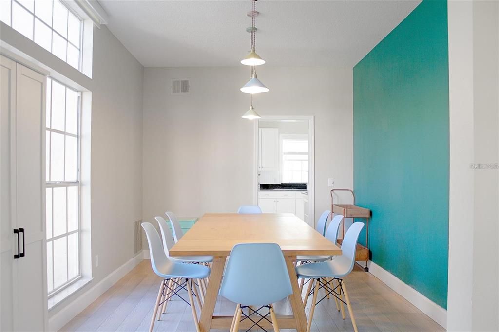 Dining room, Interior, Pendant Lights, Wood Texture Flooring