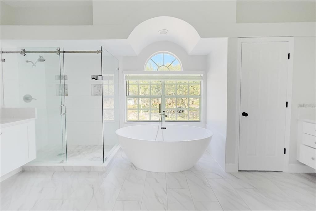 Bathroom, Free Standing Baths, Glass Shower, Interior, Marble
