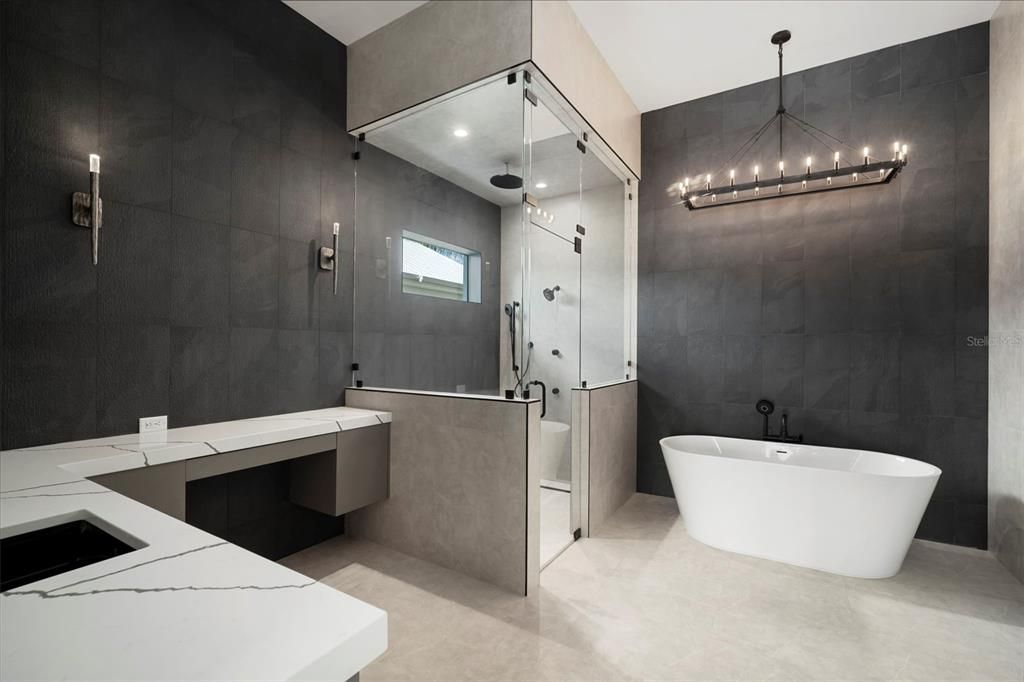 Bathroom, Free Standing Baths, Glass Shower, Interior, Pendant Lights, Recessed Lighting