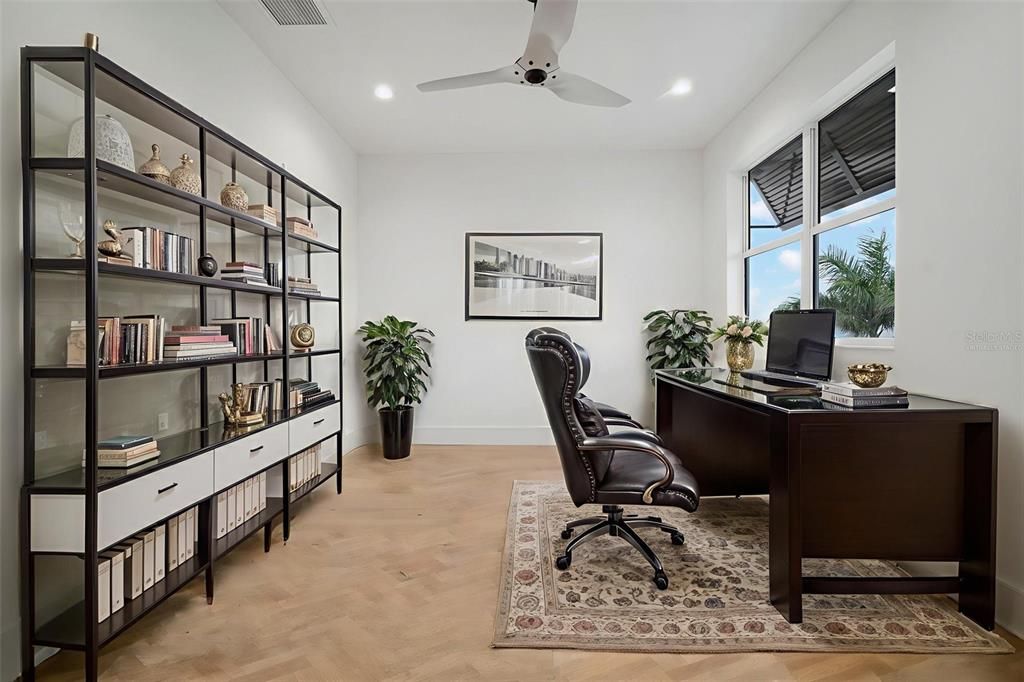 Home Office, Interior, Recessed Lighting, Wood Texture Flooring