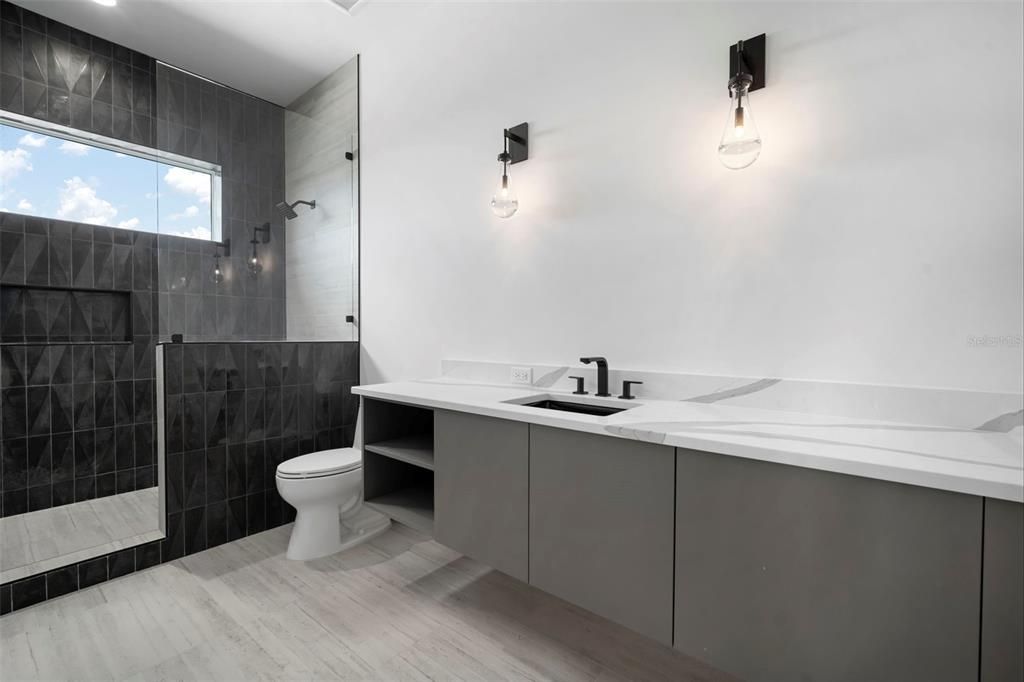 Bathroom, Glass Shower, Interior, Wood Texture Flooring